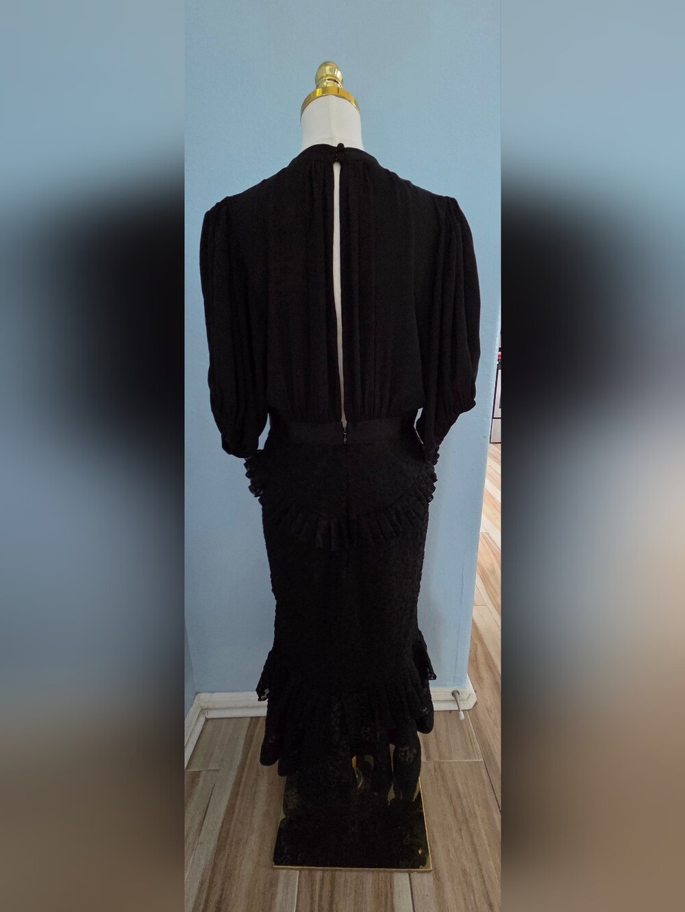 Alexis Black Long-Sleeve Ruffle-Trim Midi Dress